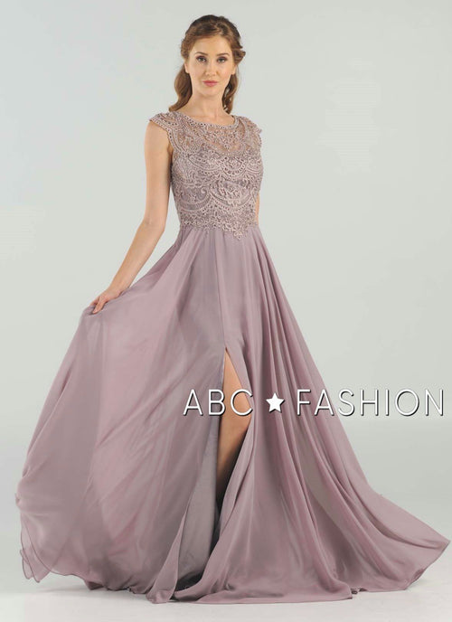 Long Embroidered Cap Sleeve Dress with Slit by Poly USA 8254-Long Formal Dresses-ABC Fashion