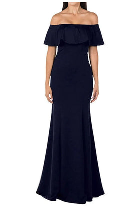 Navy Bridesmaid Dresses-Inexpensive POLY USA 8146 Ruffle Off Shoulder