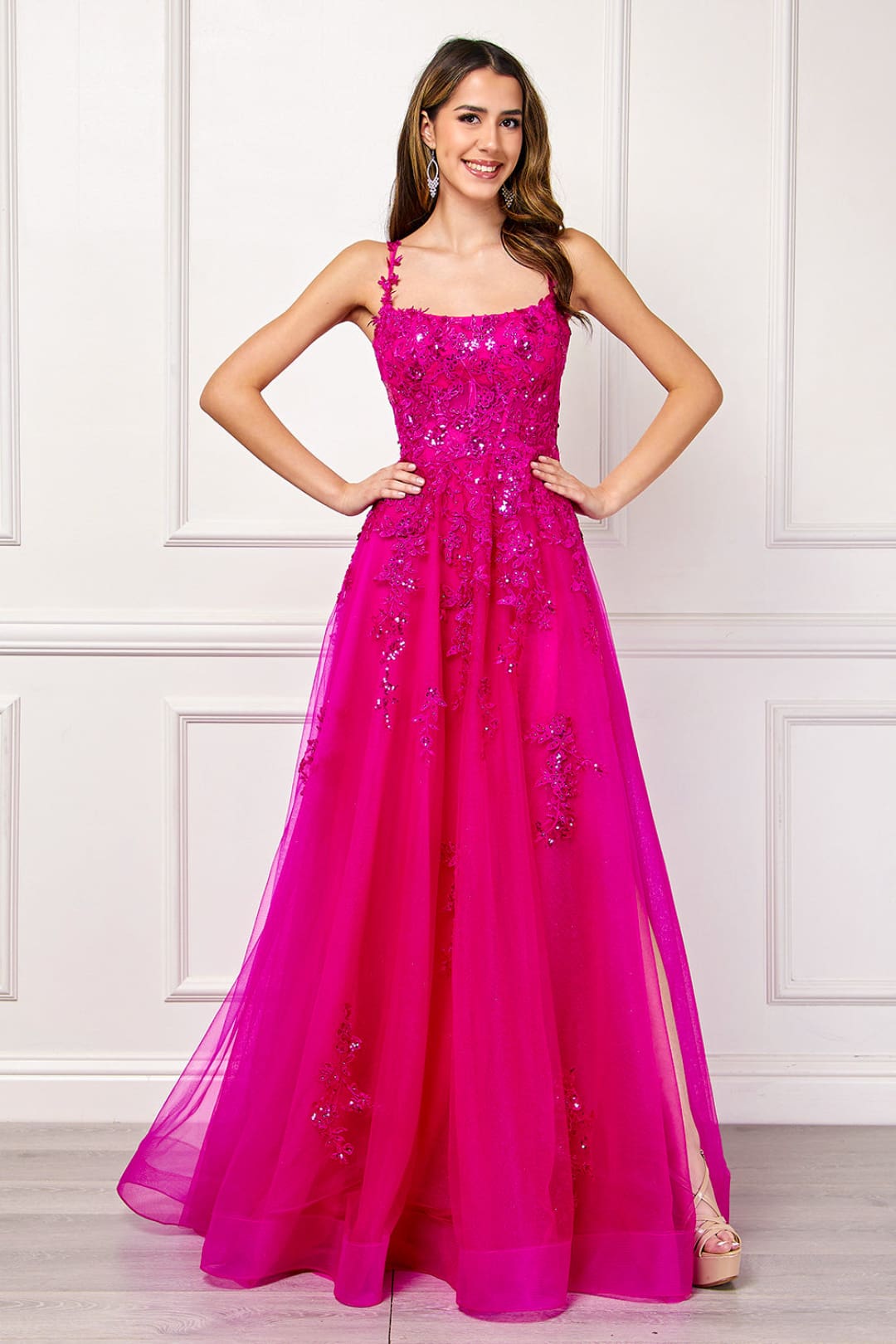 Long Evening Dress Scoop Neck Embroidered Gown By Amelia Couture 4044 - HOTPINK / Dress