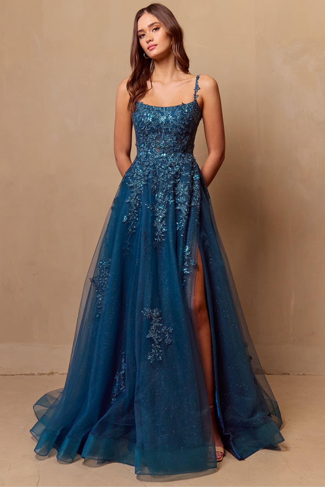 Long Evening Dress Scoop Neck Embroidered Gown By Amelia Couture 4044 - TEAL / Dress