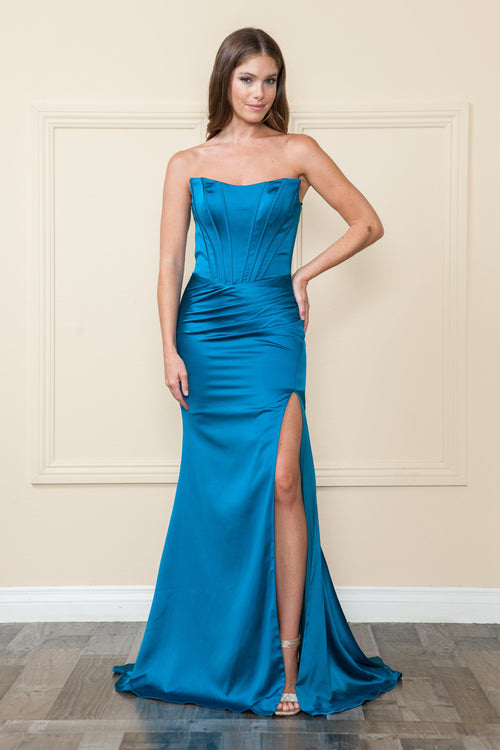 Poly USA 9024 Long Fitted Corset Slit Dress