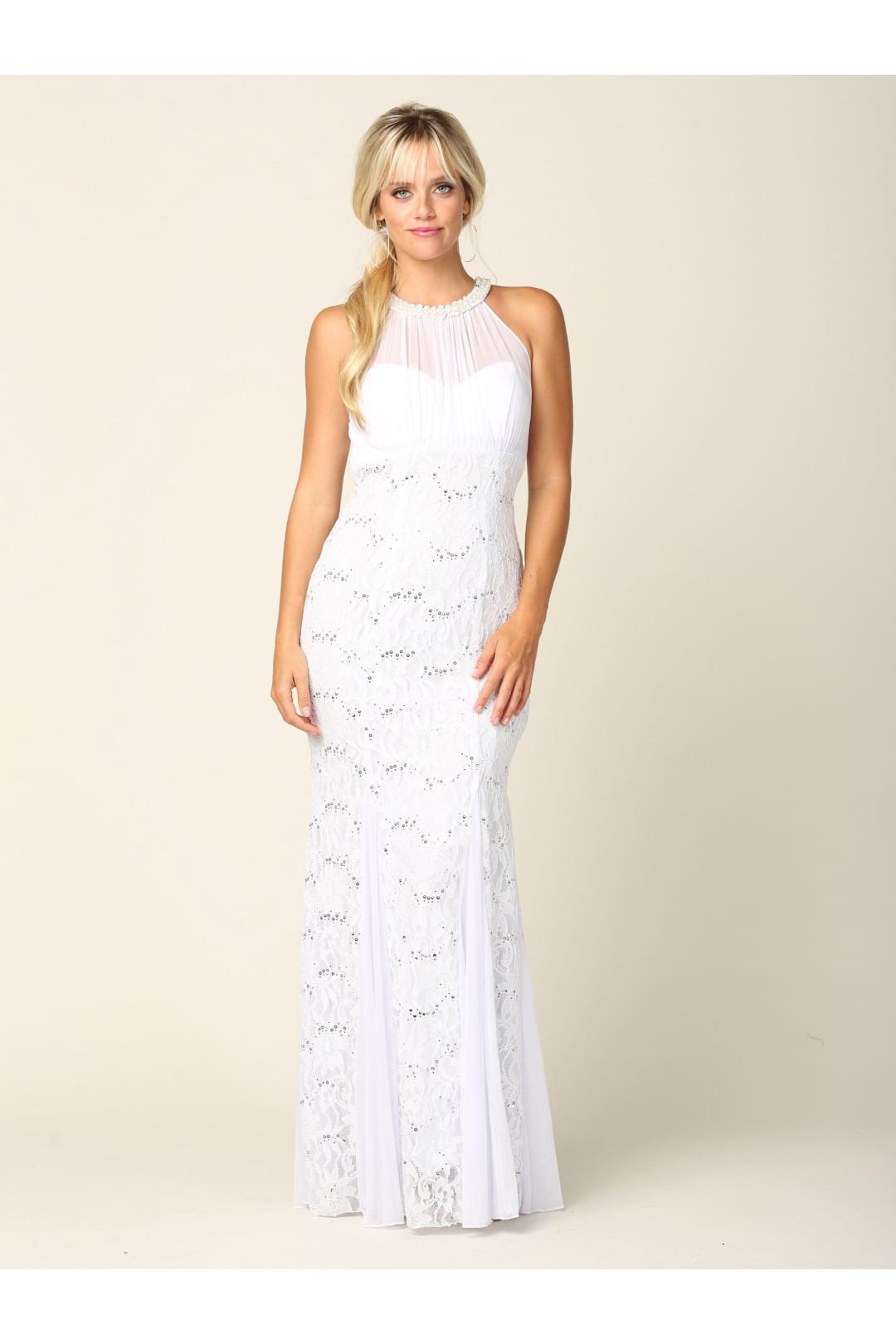 Long Fitted Formal Halter Lace Chiffon Dress - The Dress Outlet