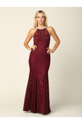Eva USA 3202 Long Fitted Formal Halter Lace Chiffon Dress
