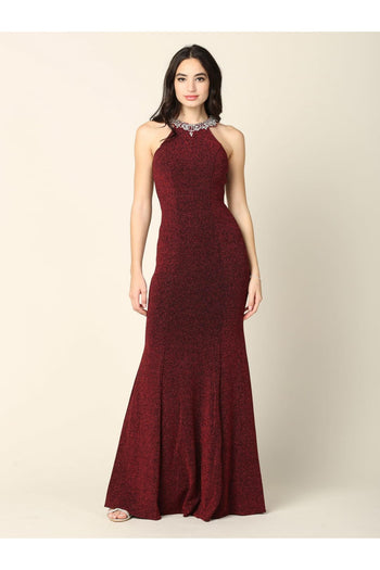 Long Fitted Halter Metallic Prom Dress - The Dress Outlet
