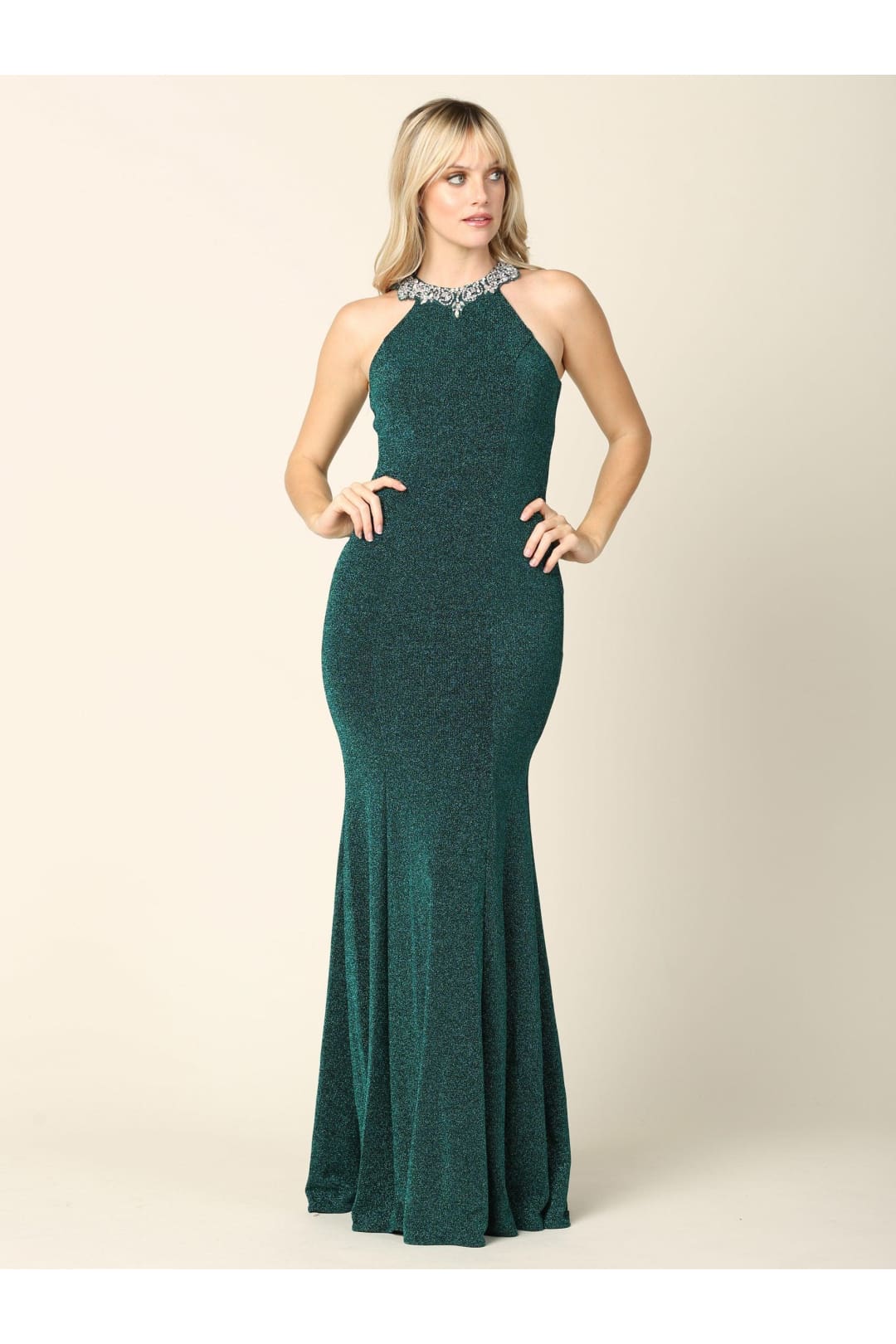 Long Fitted Halter Metallic Prom Dress - The Dress Outlet