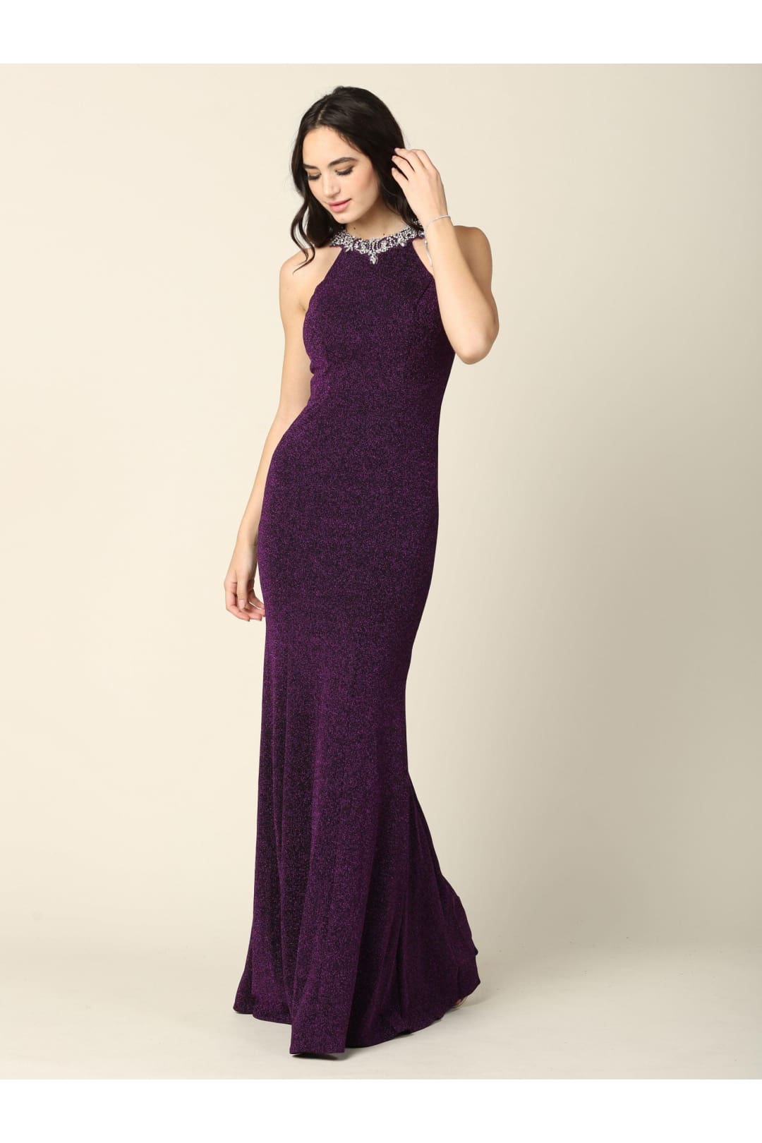Long Fitted Halter Metallic Prom Dress - The Dress Outlet