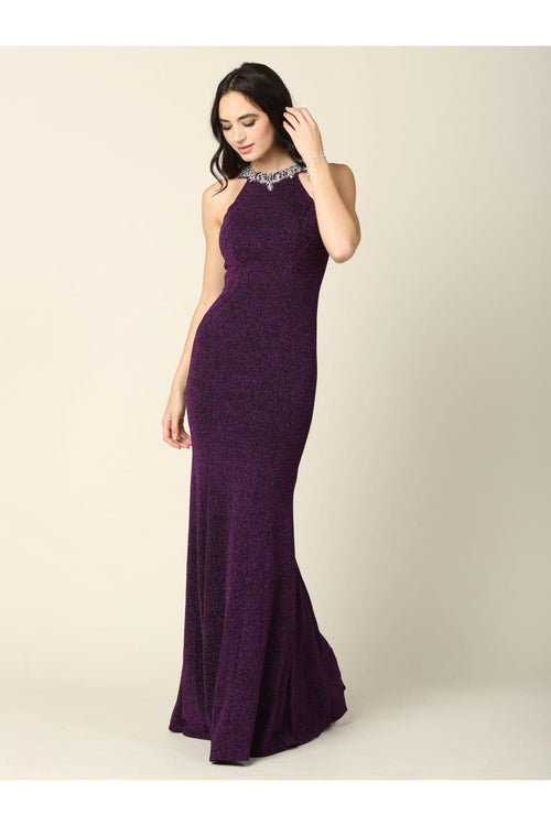 Long Fitted Halter Metallic Prom Dress - The Dress Outlet
