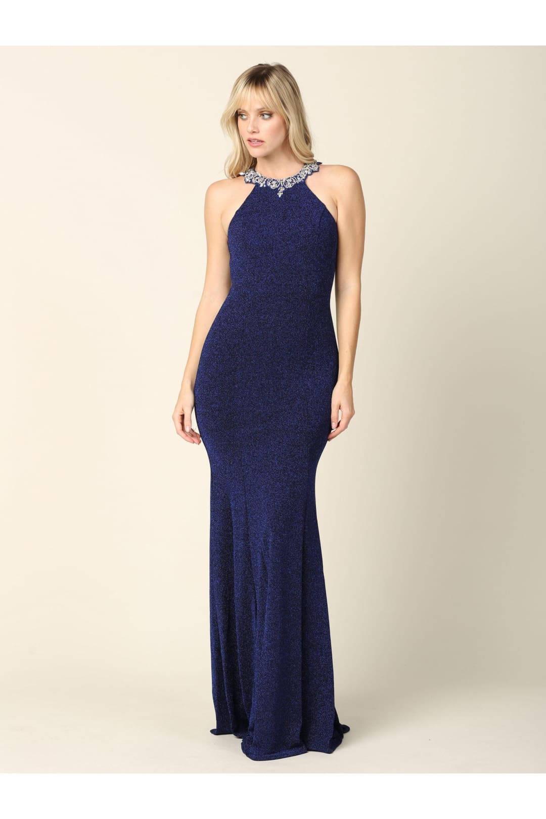 Long Fitted Halter Metallic Prom Dress - The Dress Outlet