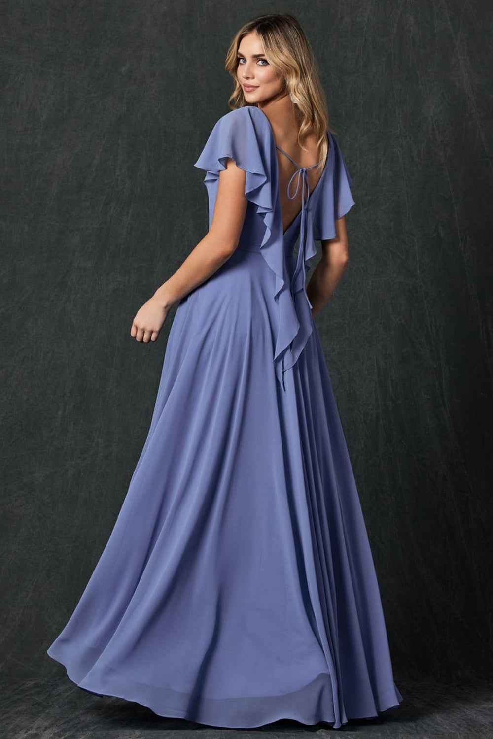 slate blue bridesmaid dresses Dresses-Inexpensive Long Flutter Gown Juliet 261 Crochet Backless Mini Dress model: Amanda COLOR:CHARTREUSE Fit and finish suit
