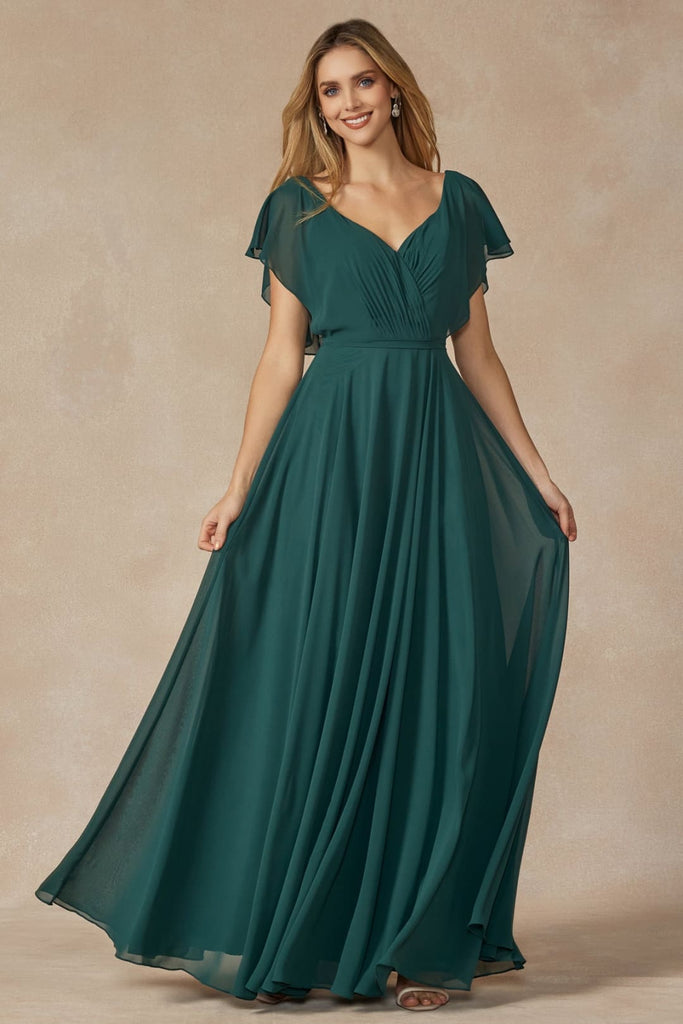 Long Flutter Sleeve Chiffon Gown by Juliet 261 - Emerald Green / XS - Dress