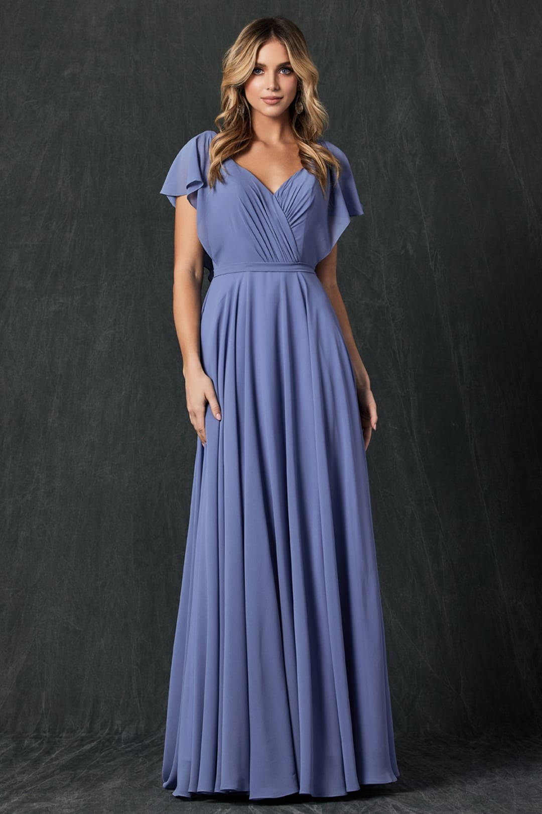 Long Flutter Sleeve Chiffon Gown by Juliet 261 - Slate Blue / XS - Dress