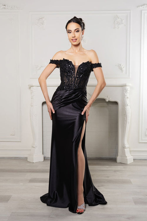 Long Formal Dress Off The Shoulder High Slit Gown By May Queen MQ2157 - BLACK / 4 - Dress