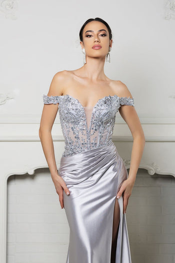 Long Formal Dress Off The Shoulder High Slit Gown By May Queen MQ2157 - Dress