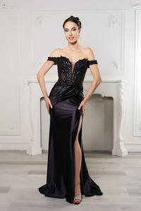 Long Formal Dress Off The Shoulder High Slit Gown By May Queen MQ2157B - BLACK / 22 - Dress