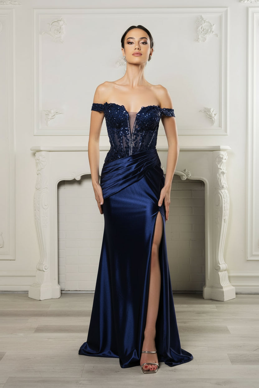 Long Formal Dress Off The Shoulder High Slit Gown By May Queen MQ2157B - NAVY / 22 - Dress