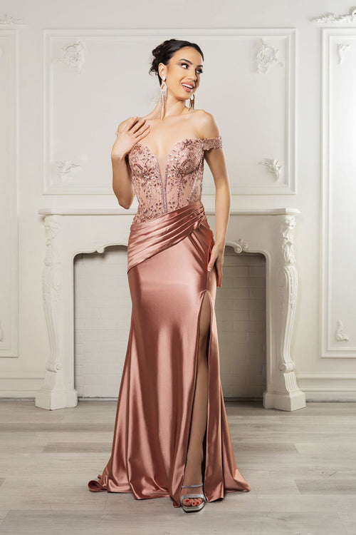 Long Formal Dress Off The Shoulder High Slit Gown By May Queen MQ2157B - ROSEGOLD / 22 - Dress