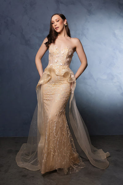 Long Formal Dress Sweetheart Overskirt Gala Gown By Royal Queen RQ8116 - CHAMPAGNE / 4 - Dress