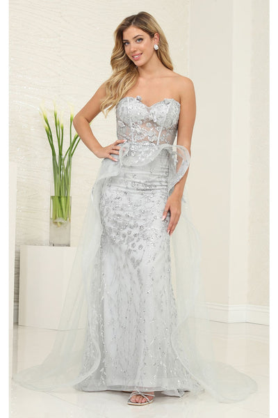 Long Formal Dress Sweetheart Overskirt Gala Gown By Royal Queen RQ8116 - SILVER / 4 - Dress