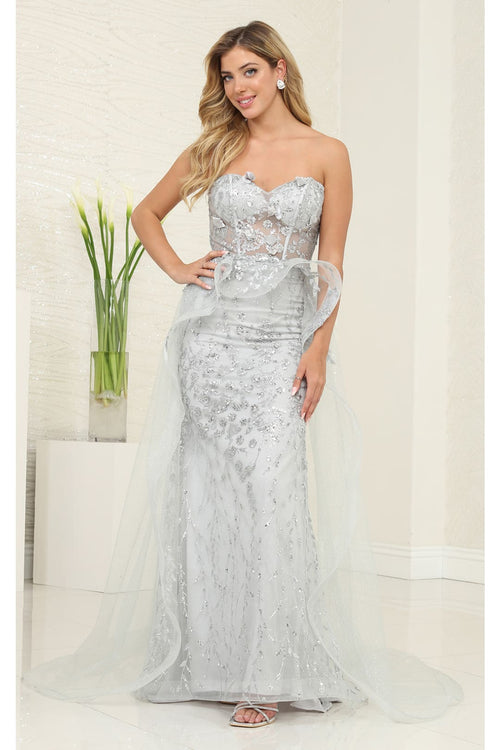 Long Formal Dress Sweetheart Overskirt Gala Gown By Royal Queen RQ8116 - SILVER / 4 - Dress