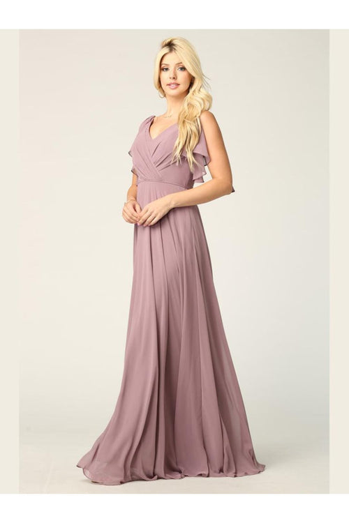 Long Formal Flutter Sleeves Bridesmaids Dress - The Dress Outlet