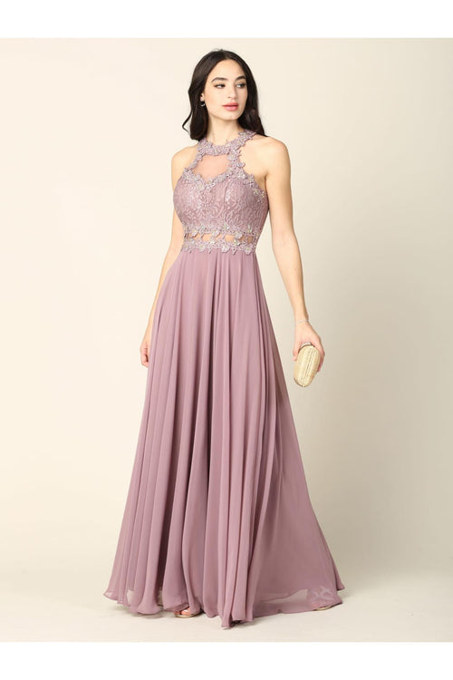 Long Formal Halter Chiffon Bridesmaids Dress - The Dress Outlet