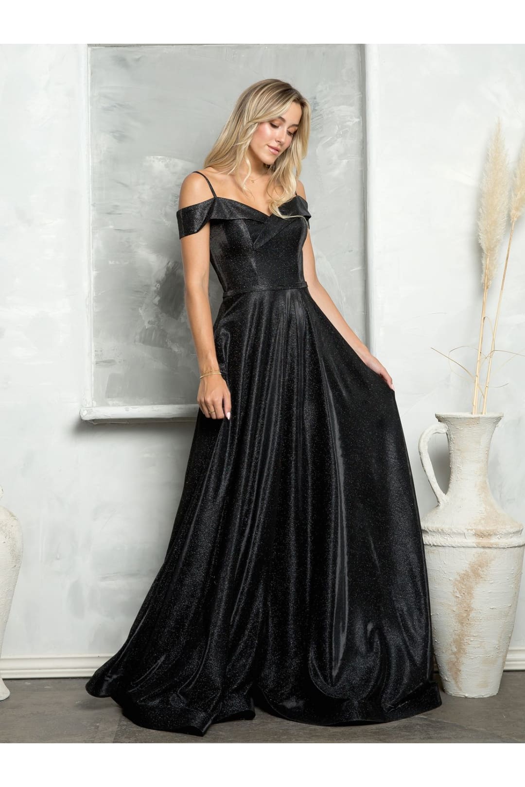 Prom Dresses Long Formal Off Shoulder Glitter Ball Gown Black