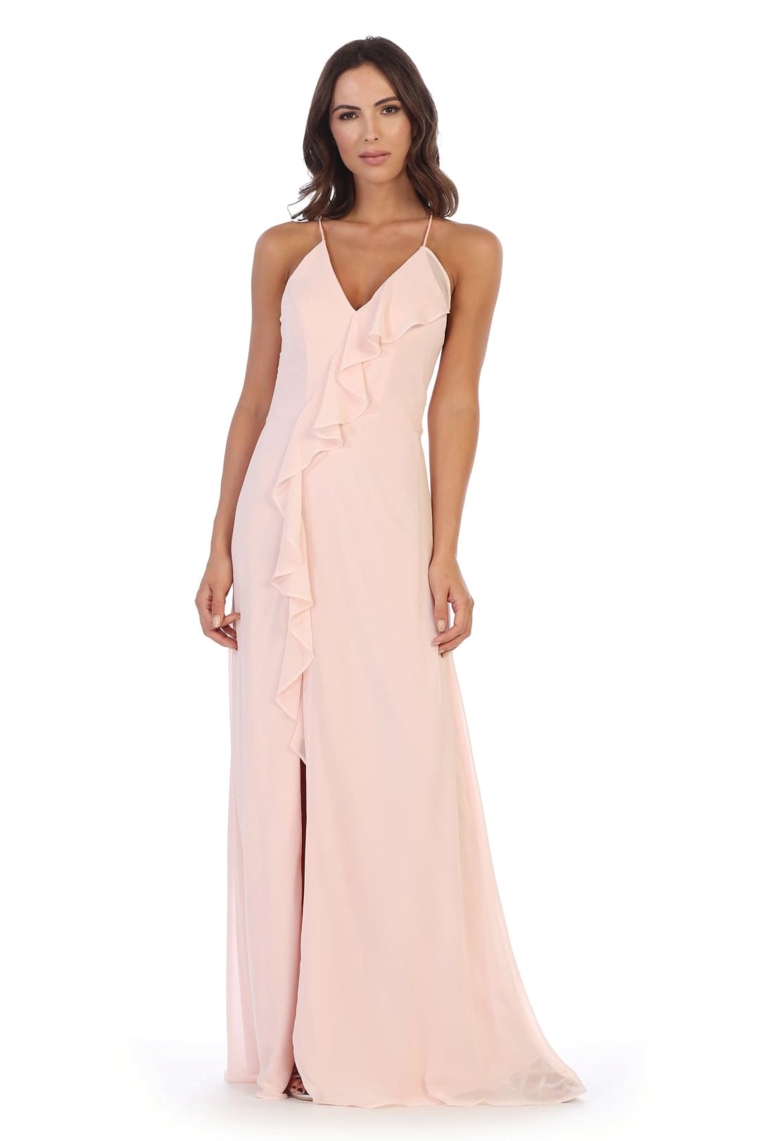 Long Formal Ruffled Chiffon Bridesmaids Dress - The Dress Outlet