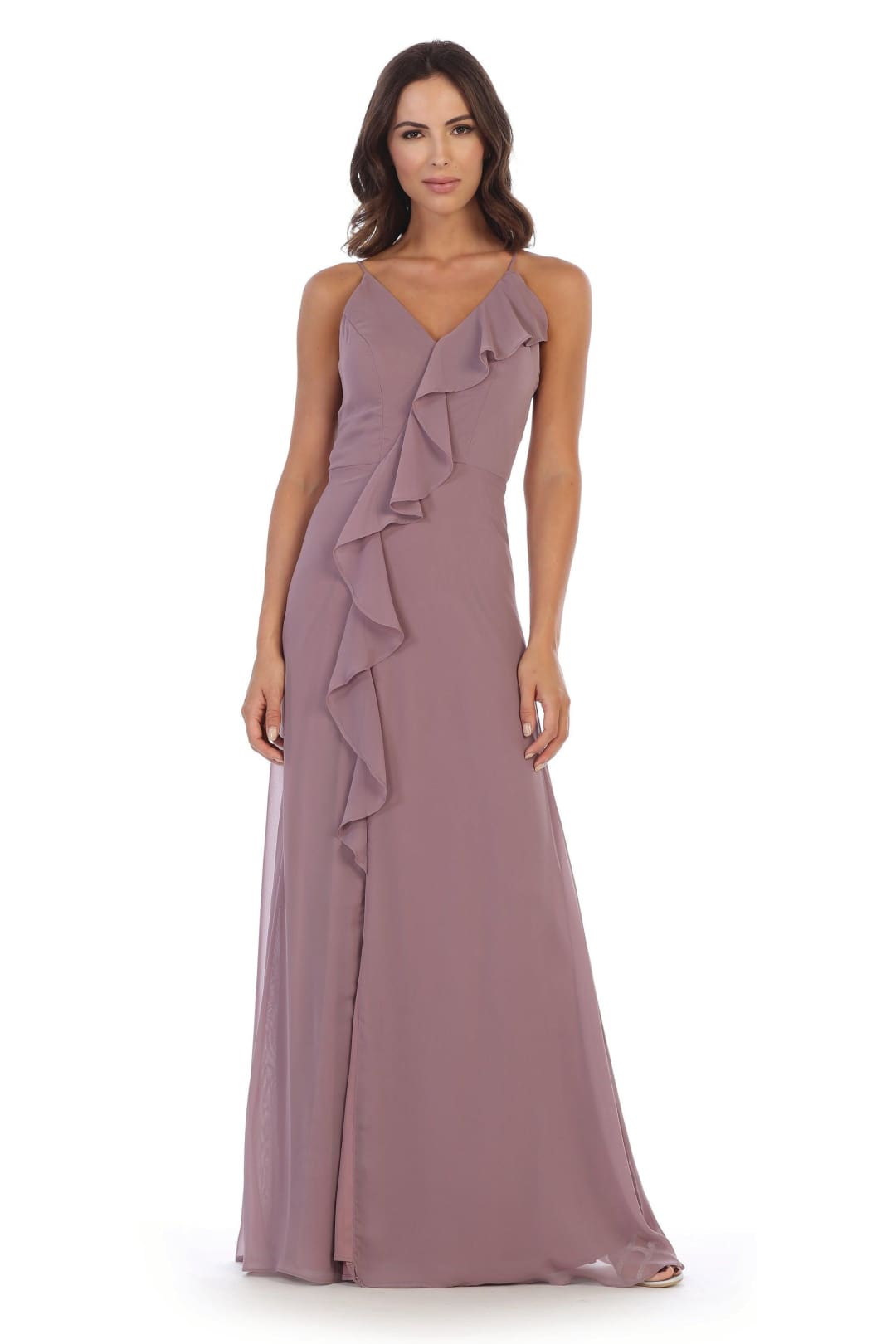 Long Formal Ruffled Chiffon Bridesmaids Dress - The Dress Outlet
