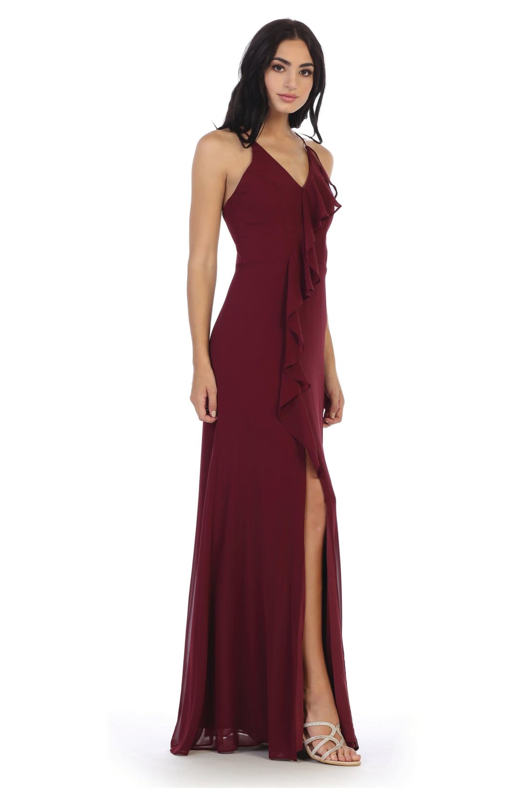 Long Formal Ruffled Chiffon Bridesmaids Dress - The Dress Outlet