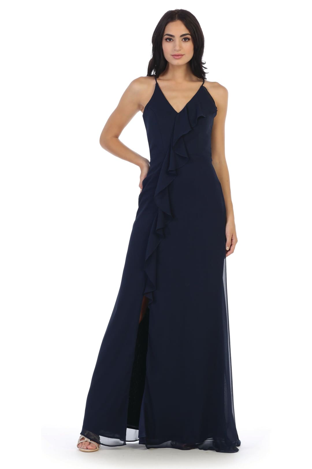 Long Formal Ruffled Chiffon Bridesmaids Dress - The Dress Outlet