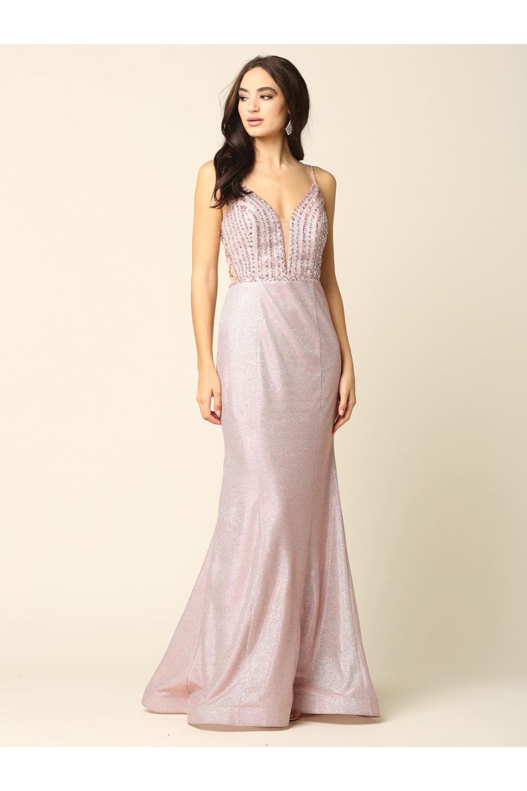 Long Formal Spaghetti Strap Metallic Prom Dress - The Dress Outlet