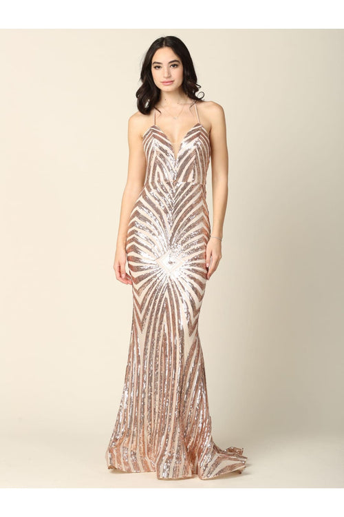 Long Formal Spaghetti Strap Sequins Prom Dress - The Dress Outlet