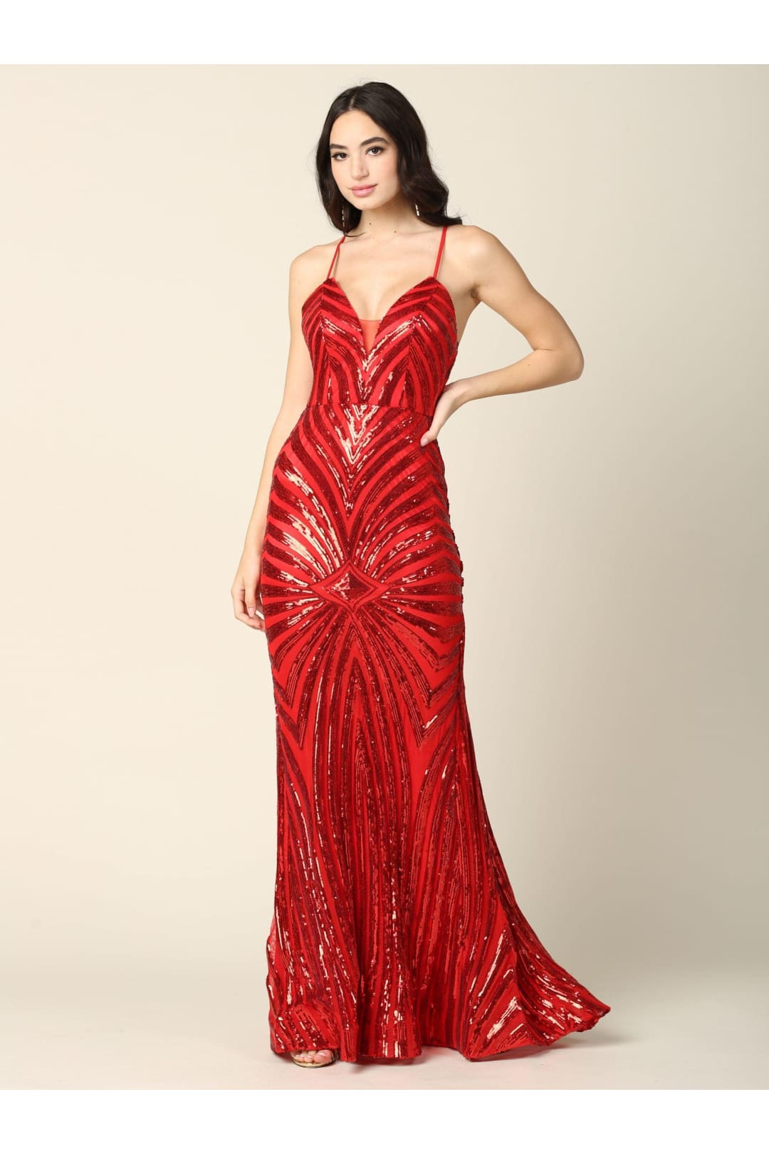 Long Formal Spaghetti Strap Sequins Prom Dress - The Dress Outlet
