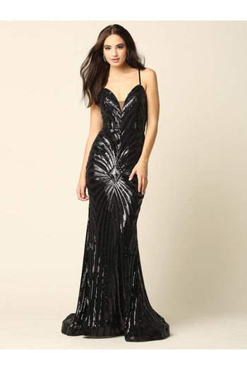 Long Formal Spaghetti Strap Sequins Prom Dress - The Dress Outlet
