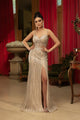Long Gala Dress V-Neck Rhinestone High Slit Gown By Royal Queen RQ8161 - CHAMPAGNE / 4 - Dress