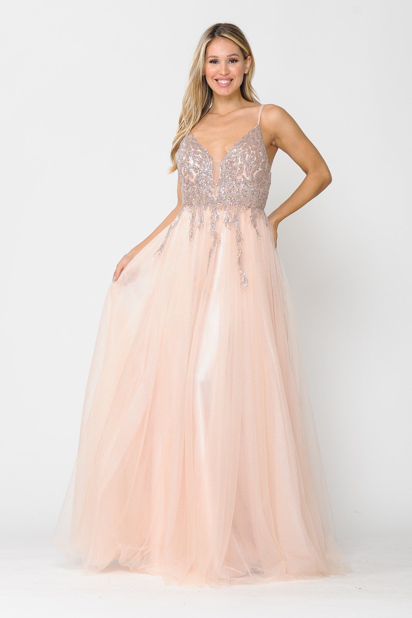 Poly USA 8718 Long Glitter Dress with Embellished Bodice