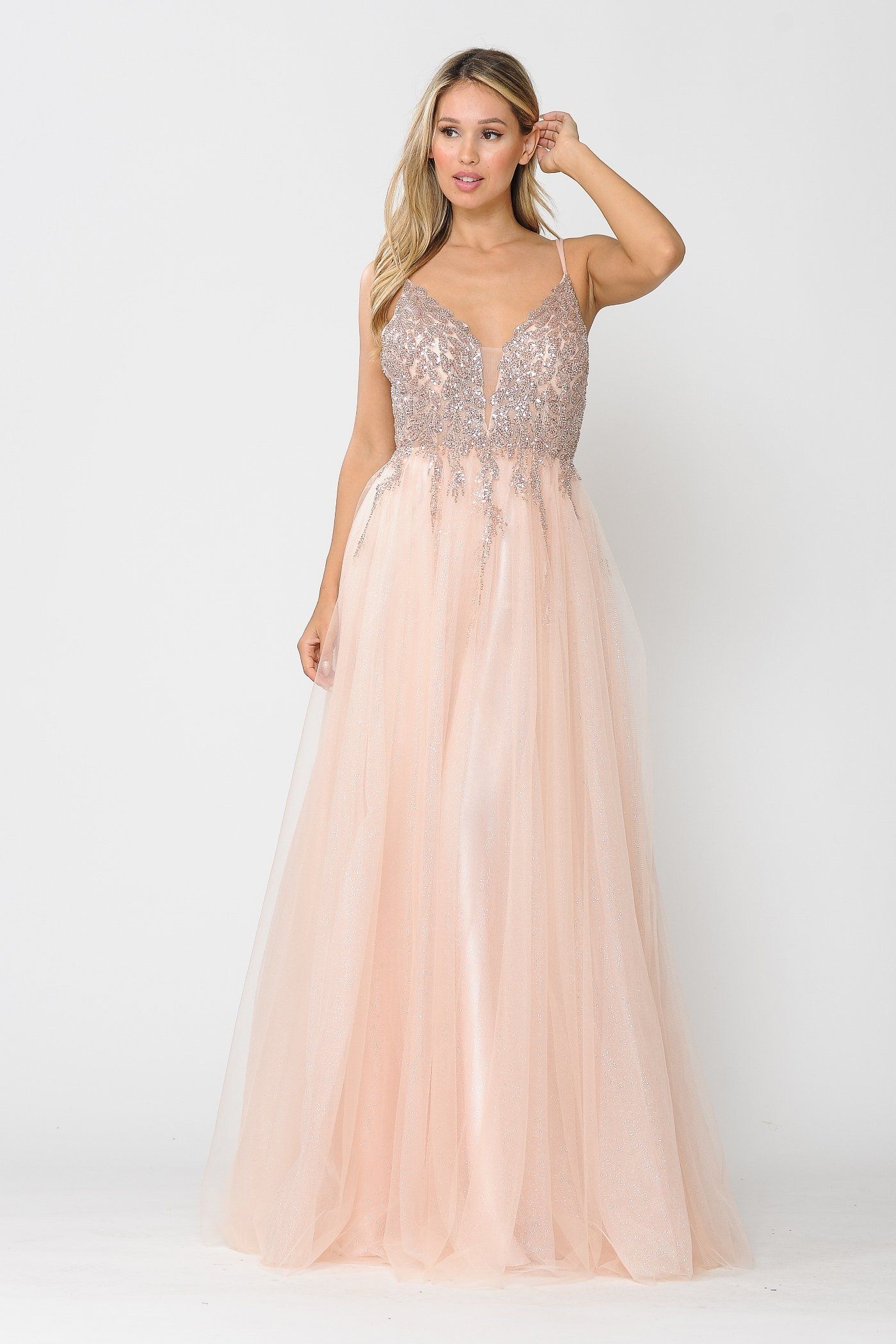 Poly USA 8718 Long Glitter Dress with Embellished Bodice