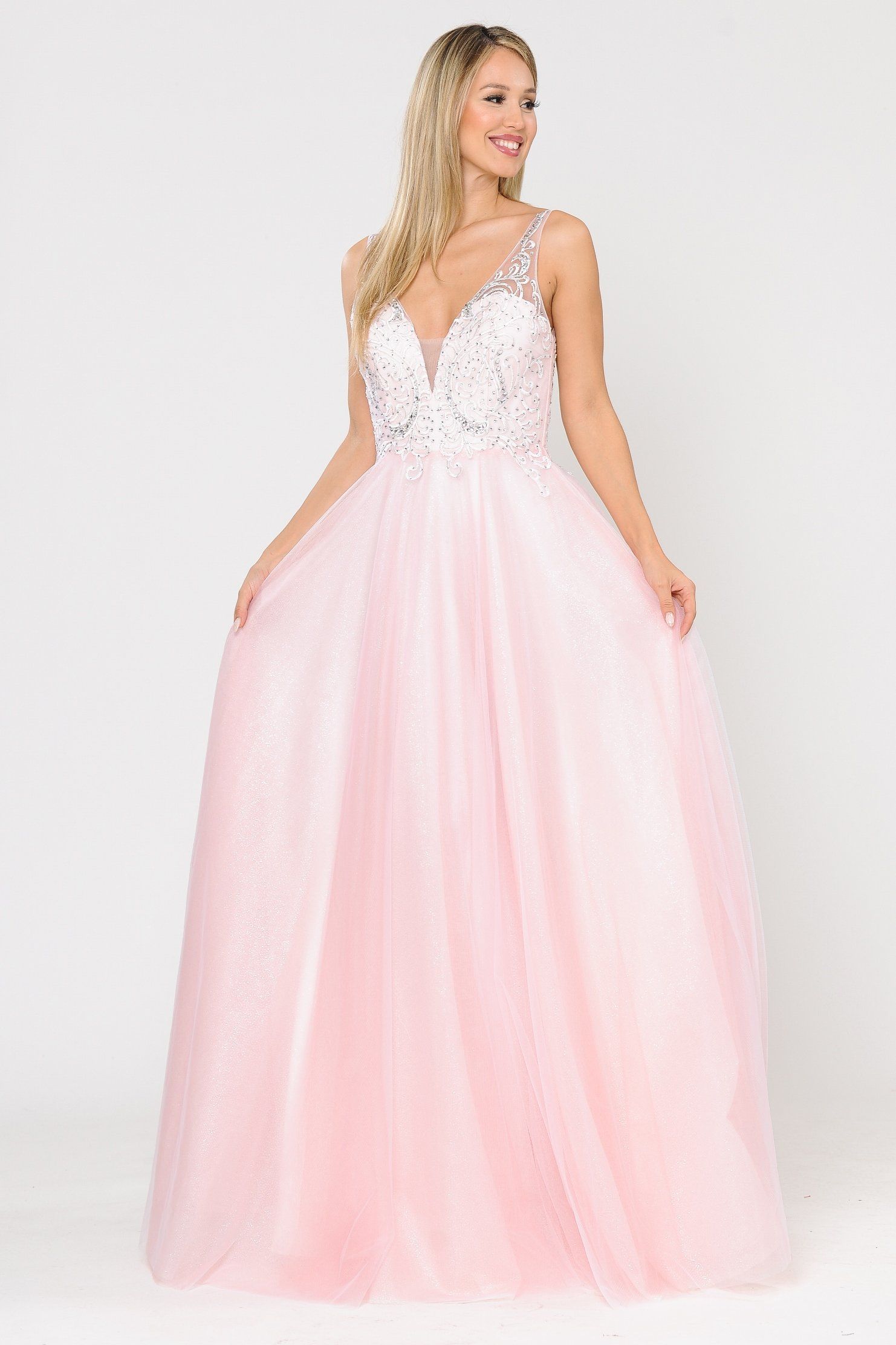 Poly USA 8354 Long Glitter Dress with Embroidered Bodice