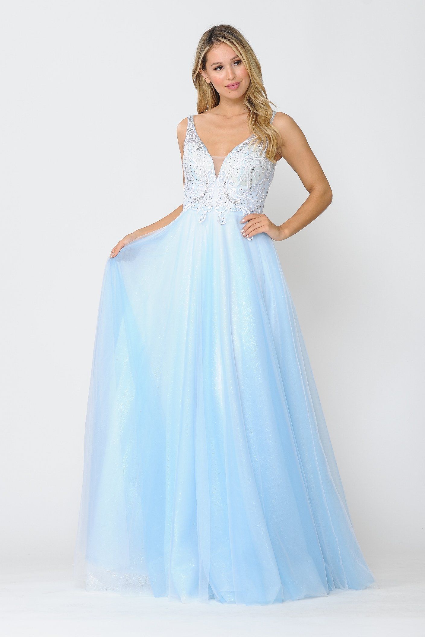 Poly USA 8354 Long Glitter Dress with Embroidered Bodice