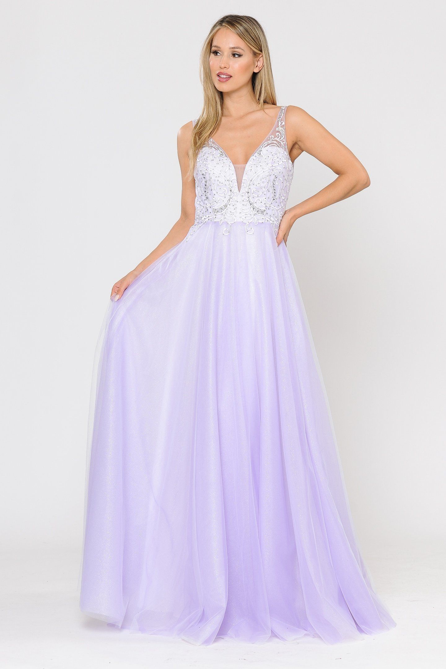 Poly USA 8354 Long Glitter Dress with Embroidered Bodice