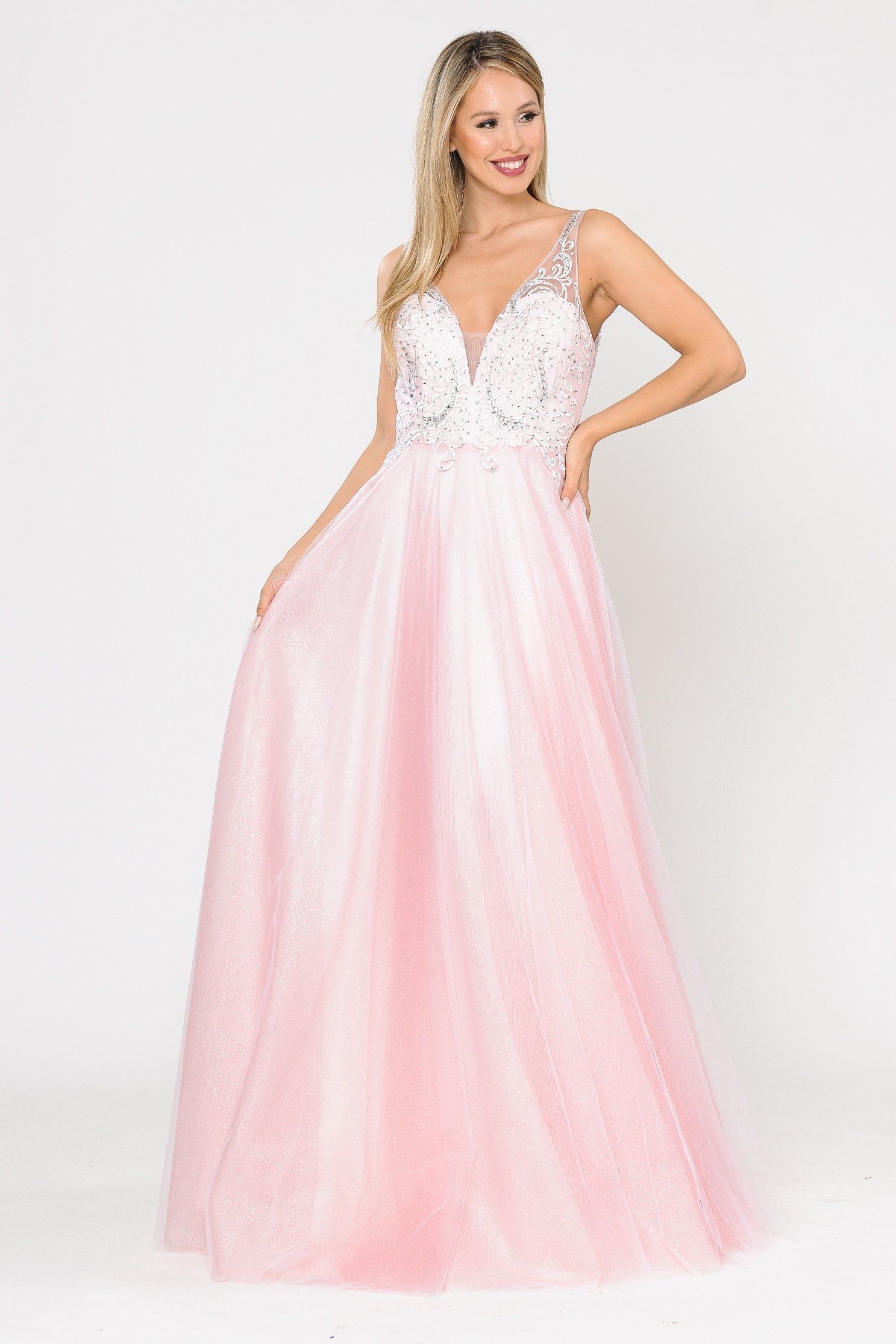 Poly USA 8354 Long Glitter Dress with Embroidered Bodice