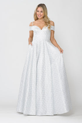 Poly USA 8380 Long Glitter Lace Cold Shoulder Dress