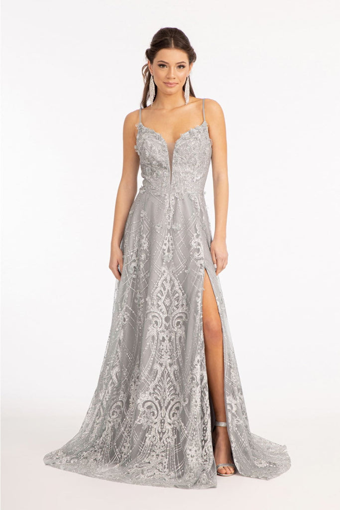 Long Glitter Print Dress by Elizabeth K GL3031 - S / Silver - Long Formal Dresses