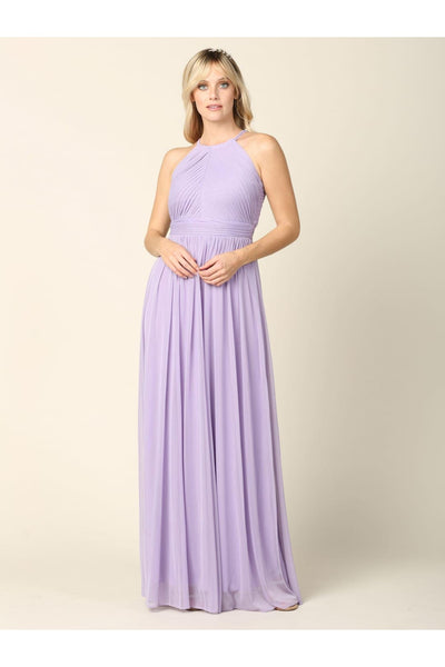Long Halter Bridesmaid Pleated Dress - The Dress Outlet
