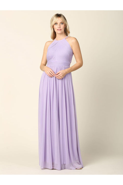 Long Halter Bridesmaid Pleated Dress - The Dress Outlet
