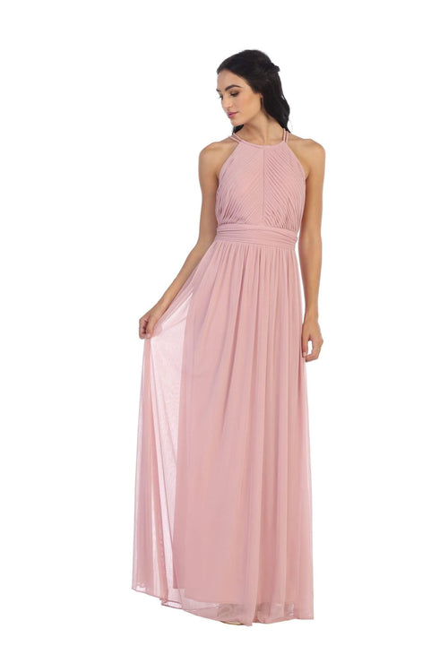 Long Halter Bridesmaid Pleated Dress - The Dress Outlet