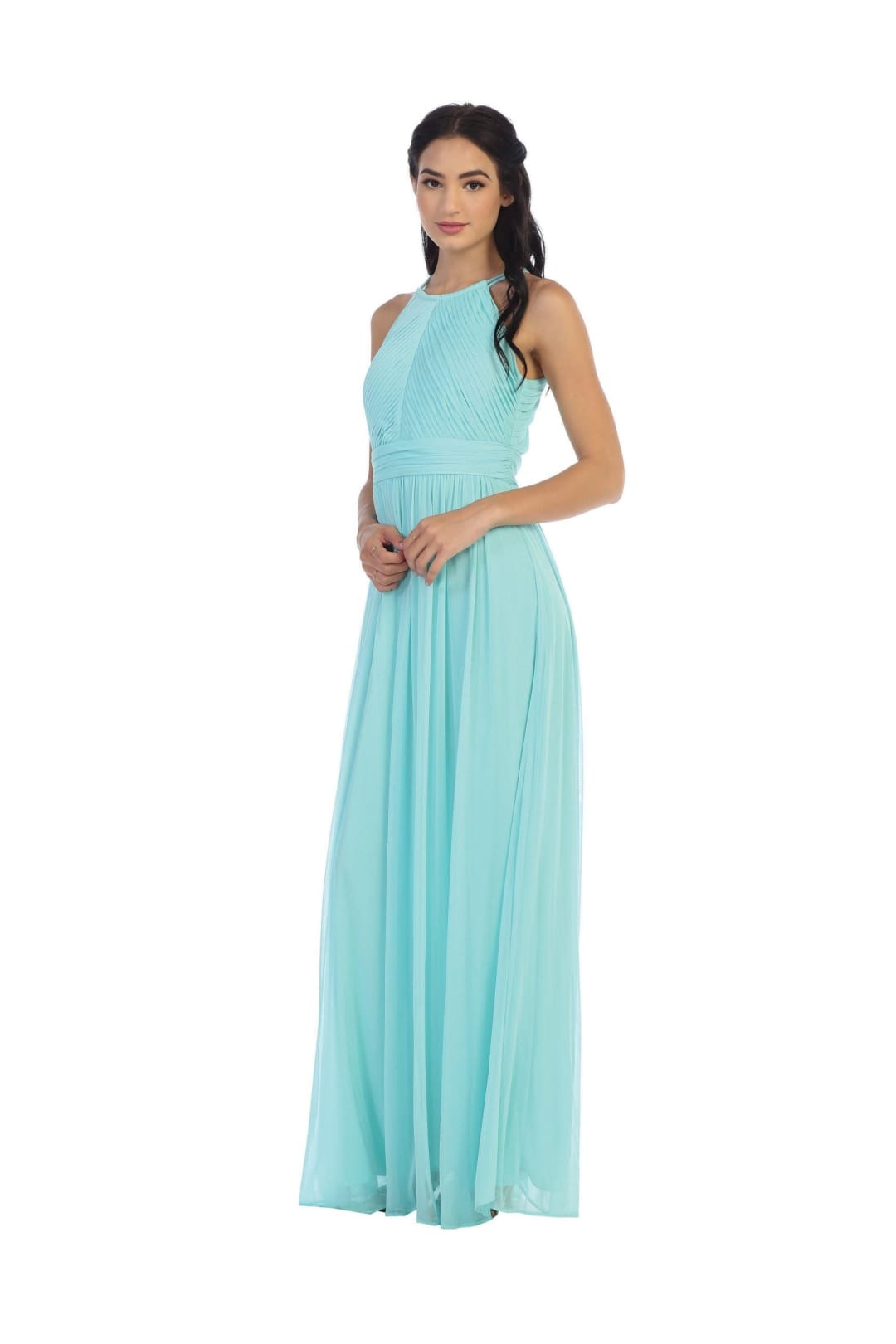 Long Halter Bridesmaid Pleated Dress - The Dress Outlet