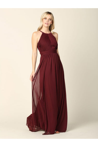 Long Halter Bridesmaid Pleated Dress - The Dress Outlet