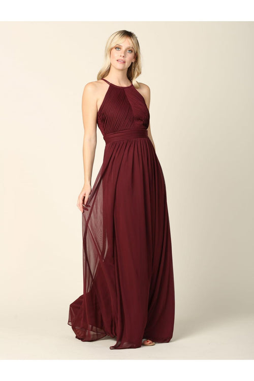 Long Halter Bridesmaid Pleated Dress - The Dress Outlet