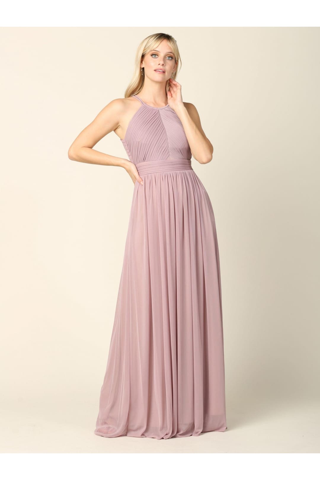 Long Halter Bridesmaid Pleated Dress - The Dress Outlet